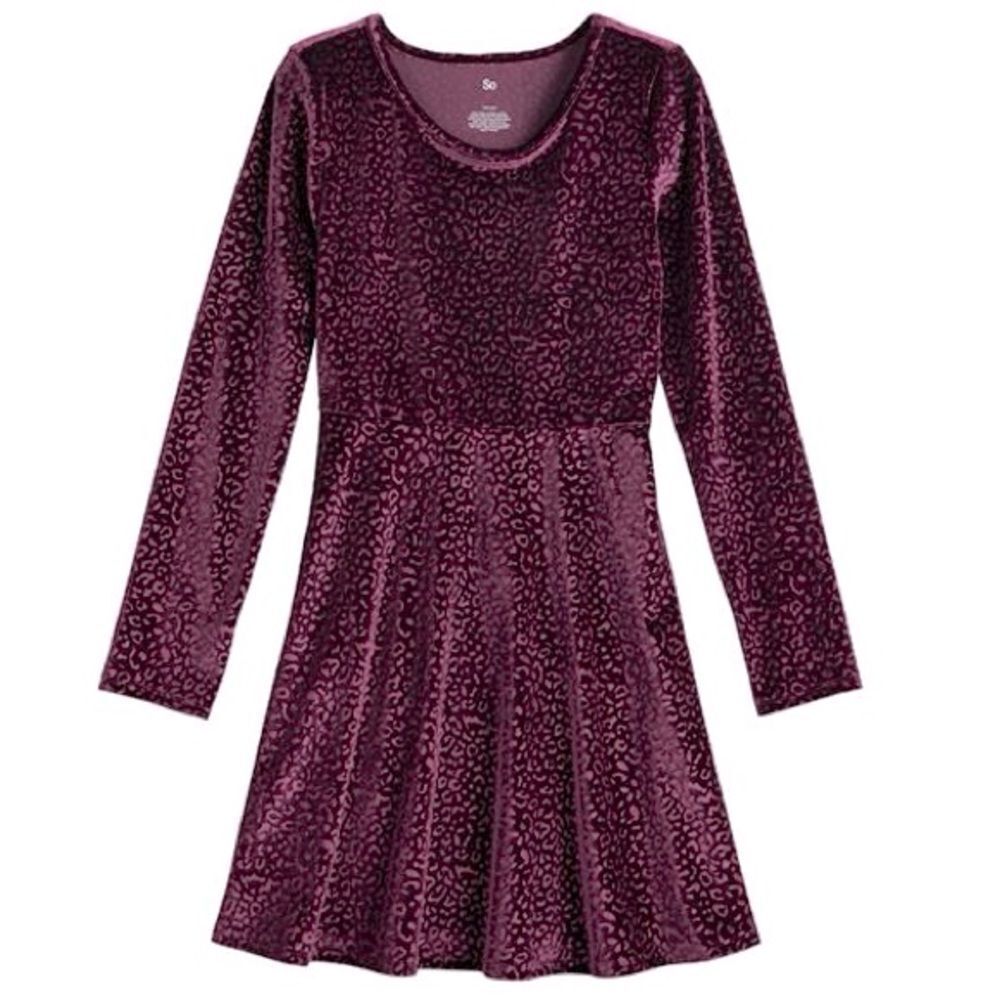 So Kohls Long Sleeve Velvet purple animal print stretch Dress crew neck L 10-12